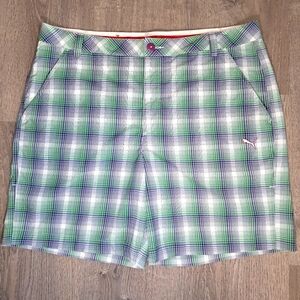 Puma Golf Shorts Mens 38 USP Dry Tech White Green Purple Checker Flat Front